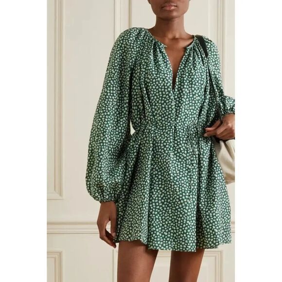 Matteau Dresses & Skirts - Matteau Silk Cotton Blend Voluminous Mini Dress Green White Floral Print